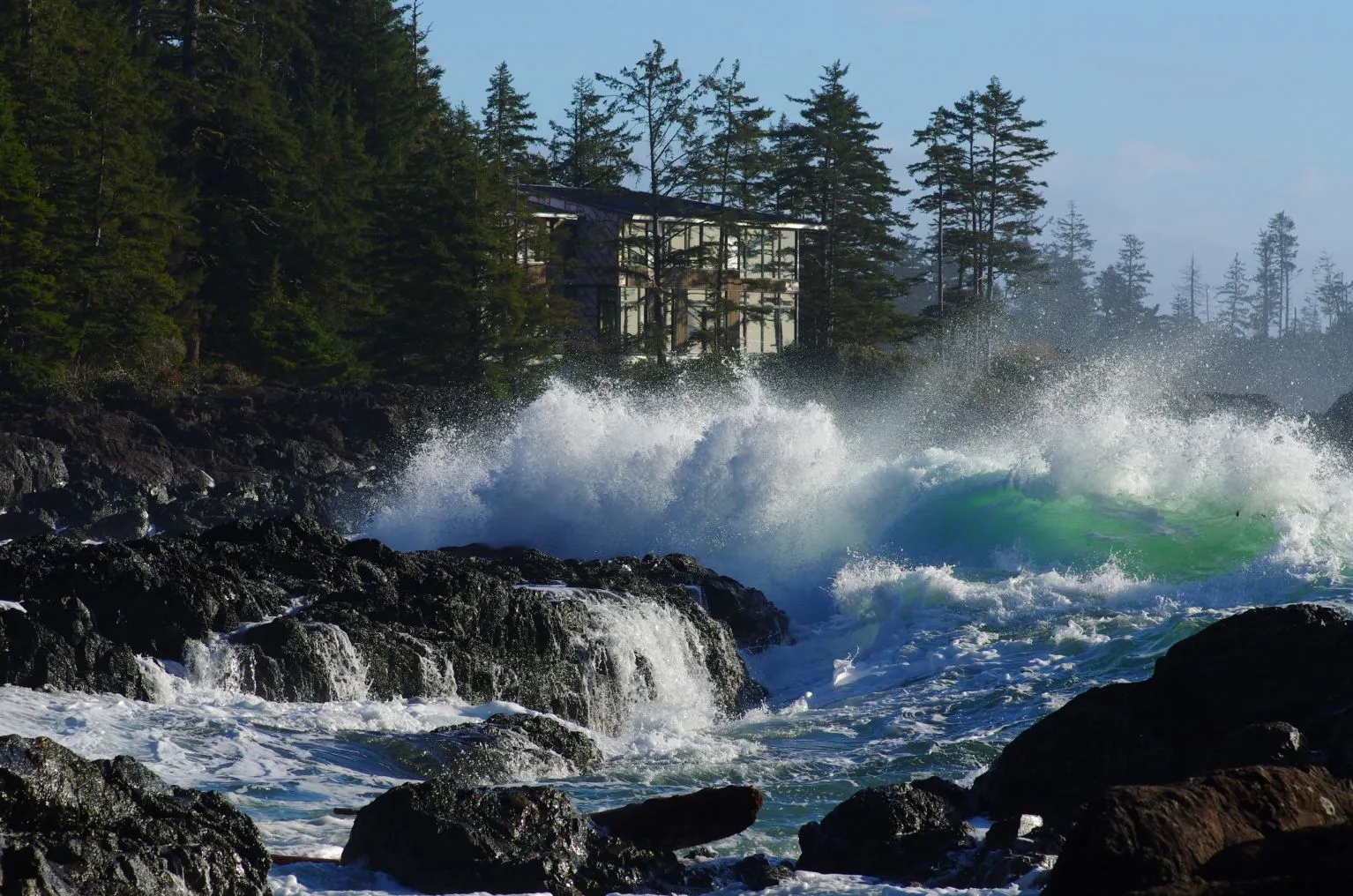 Waves breaking on the coastline near Port Alberni, British Columbia